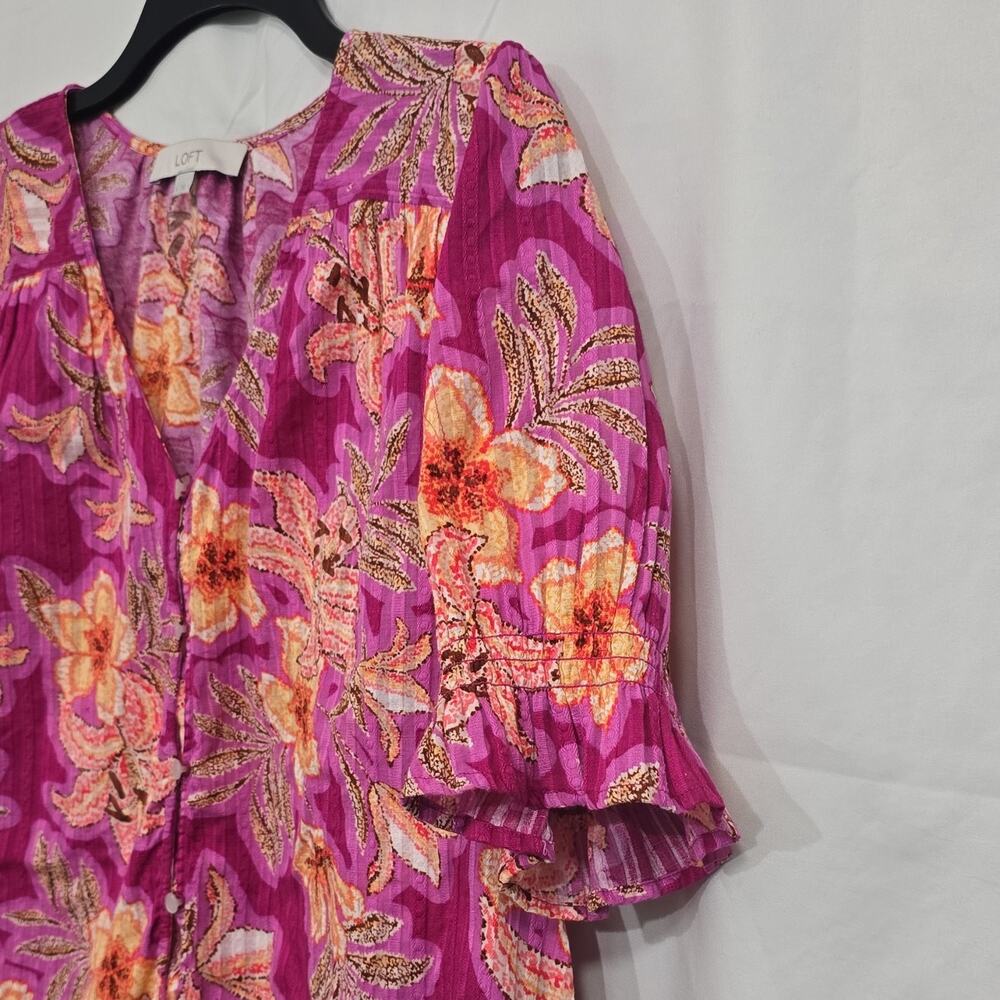 LOFT Womens L Pink Orange Floral Button Front 100% Cotton Ruffle Sleeve Blouse - Picture 5 of 8